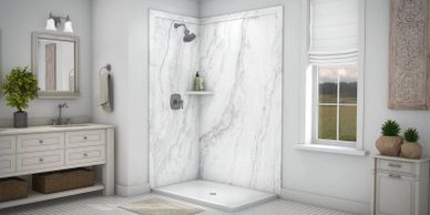 Remodeled shower conversion a safe step-in shower for seniors with shower surround.
