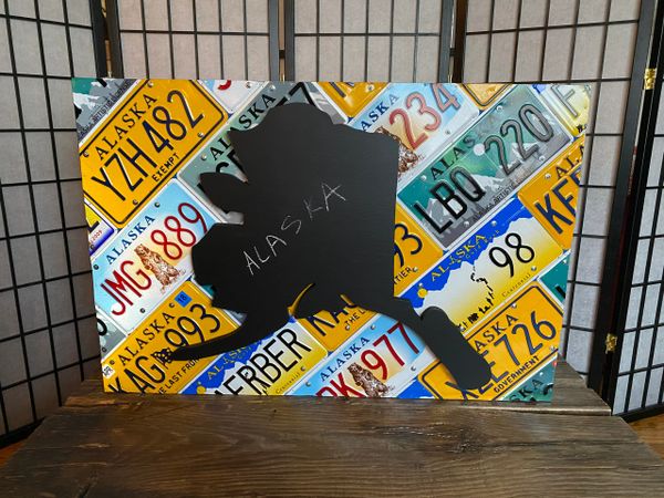 Alaska Map Chalkboard on License Plate Background