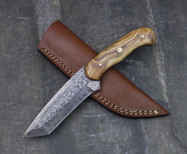 GB1459-2 Damascus Steel Custom Handmade Hunting Skinning TANTO Knife 9. ...