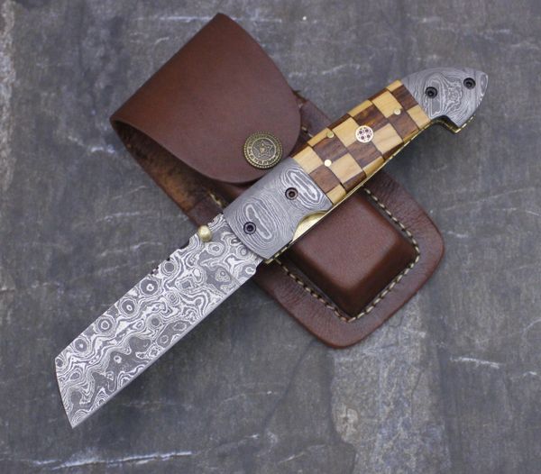 GB15783 DAMASCUS STEEL CUSTOM HANDMADE FOLDING/POCKET CHECKER Knife 8.