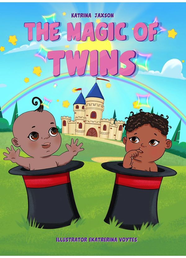 Cover of a children's book featuring twin babies in magician hats with a castle and rainbow background.