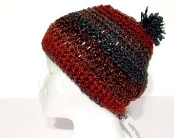 Handmade Crocheted Beanie with Tatty Bobble in luxurious silken washable wool