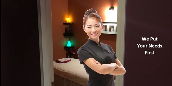 Smiling woman in spa uniform with text emphasizing client care.