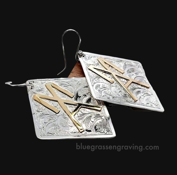Diamond Shaped Engraved Silver Brand Earrings