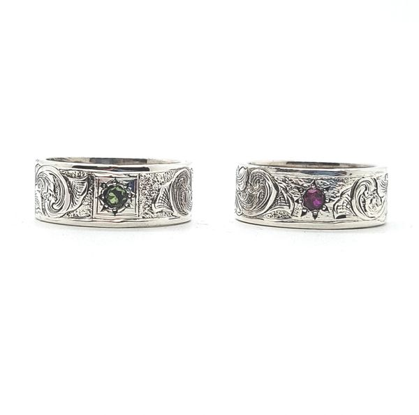 Hand Engraved Silver Band with Gemstone