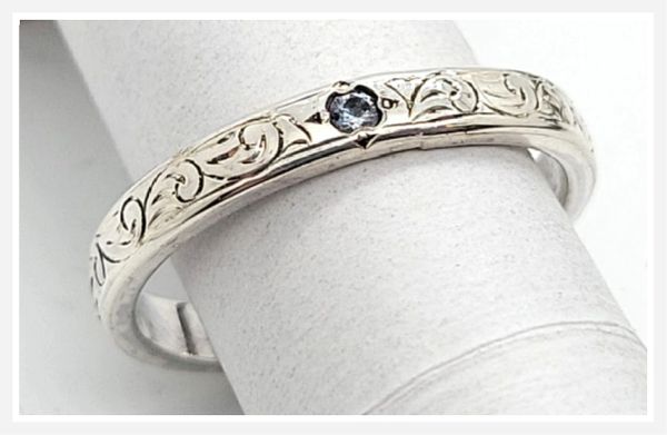 Engraved Silver Band, Aquamarine, Upscale Ring