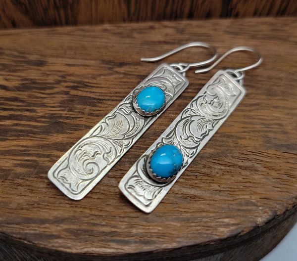 Engraved Silver and Turquoise Earrings, Silver Bar Earrings