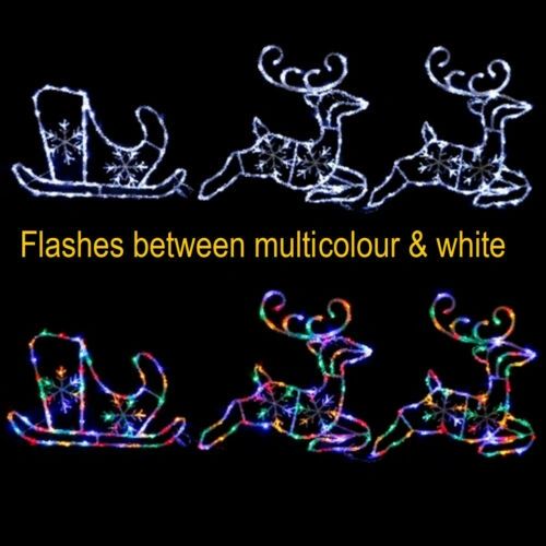 Multi & White LED Dual Colour Reindeer Sleigh Acrylic Outdoor Christmas