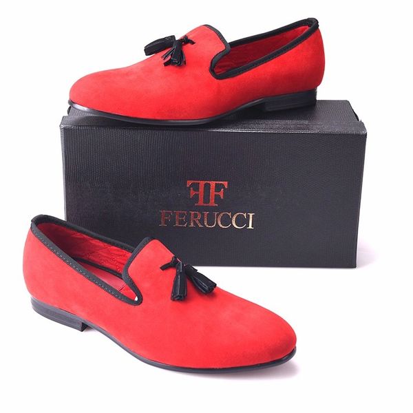 Men FERUCCI Red Velvet Slippers Loafers Flat With Black Bow 