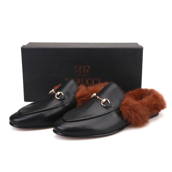 FERUCCI Men Black Leather Sandals with Horsebit and Fur Slippers loafers Flats 