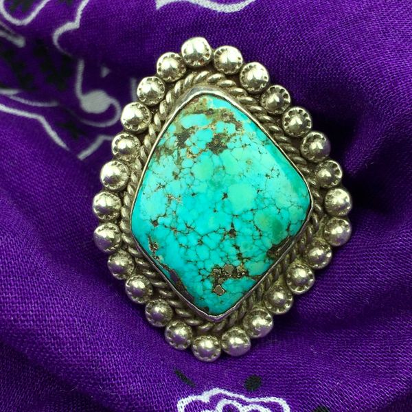 SOLD 1930s HUGE PEYOTE STAMPED INGOT SILVER RING WITH DIAMOND SHAPED WATERWEBBED TURQUOISE WITH PYRITE