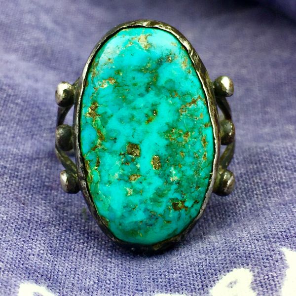 SOLD 1920s INGOT SILVER SPLIT SHANK OVAL BLUE TURQUOISE PINKY RING