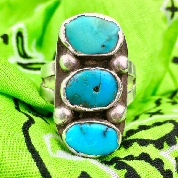 SOLD 1920s INGOT SILVER RING WITH STOPLIGHT SYLE BLUE TURQUOISE & ONE IS AND OLD TAB