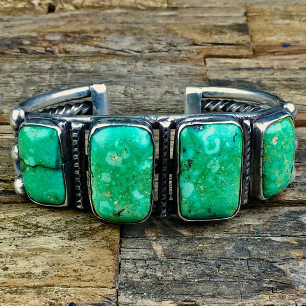 SOLD 1920s GREEN, YELLOW & PYRITE 4 BIG GREEN TURQUOISE STONES HEAVY BIG WRIST CUFF BRACELET