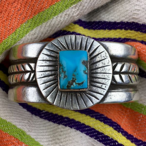 SOLD 1880s WIDE INGOT AMERICAN DEEP NEON BLUE TURQUOISE SUN CUFF