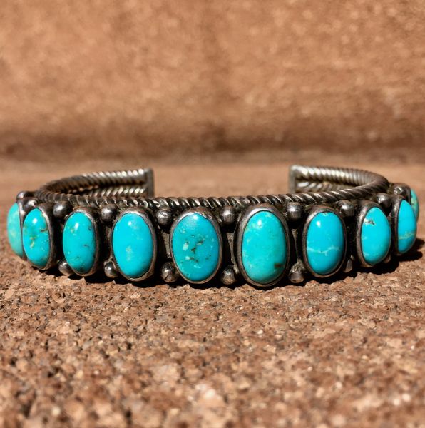 SOLD 1920s HAND-PULLED & TWISTED INGOT SILVER & LIGHT BLUE 11 TURQUOISE STONE CUFF BRACELET