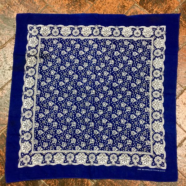 SOLD 1930s INDIGO BLUE BANDANNA WITH BUSY WHITE FLORAL PATTERN