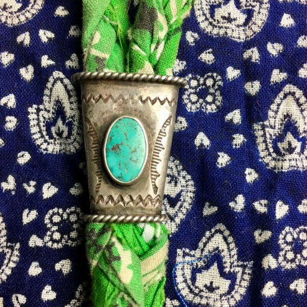 SOLD 1920s LITTLE BOY’S BOLO TIE ON GREEN VINTAGE BRAIDED BANDANNA