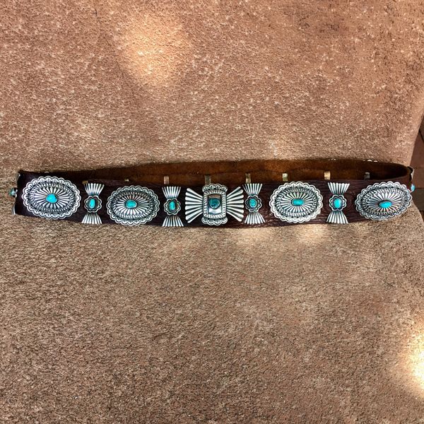 SOLD 1930s INGOT SILVER CHISELED & HANDWROUGHT 20 CONCHOS WITH MOSTLY BLUE, GEM QUALITY TURQUOISE CONCHO BELT