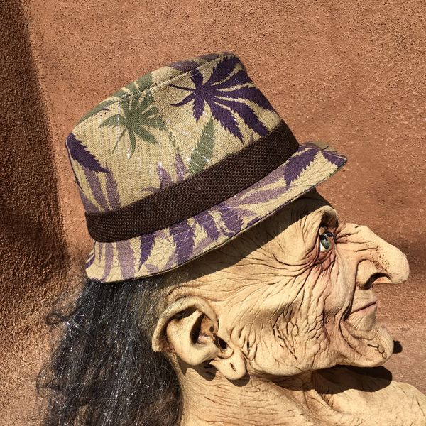 COMTEMPORARY HEMP FEDORA WITH SILVER PINSTRIPES & POT MULTICOLORED LEAVES