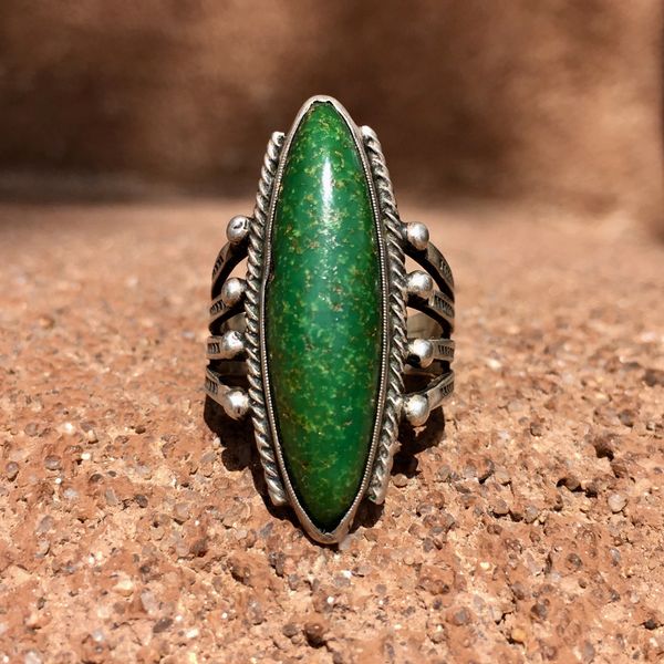 SOLD 1920s LONG OBLONG GREEN TURQUOISE TUNDERBIRD SILVER PINKY RING