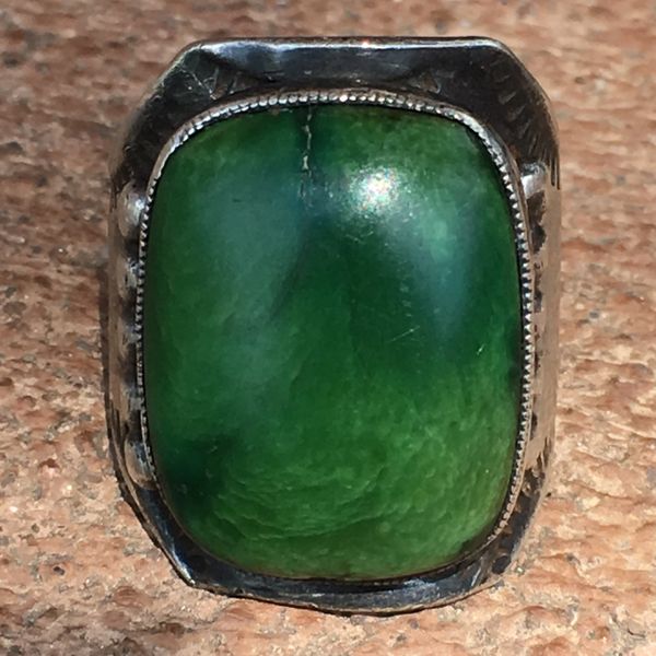 SOLD 1930s SILVER CIGAR BAND RECTANGLE GREEN TURQUOISE RING