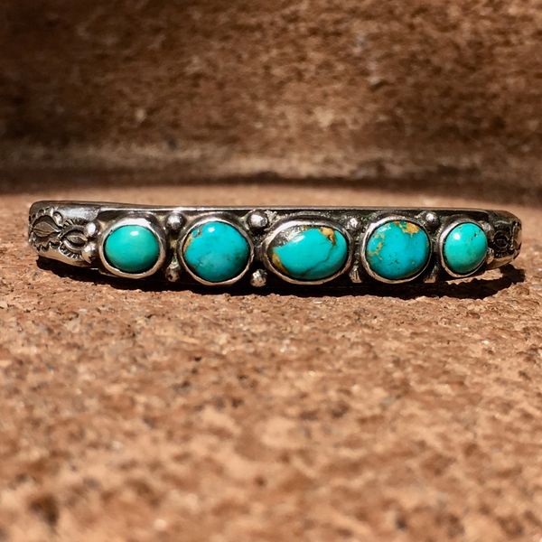 SOLD 1920s INGOT SILVER HANDMADE STAMPS 5 LIGHT BLUE TURQUOISE STONE FLAT TOP CUFF BRACELET SMALL WRIST