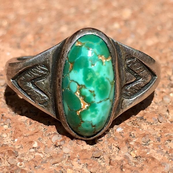 SOLD 1930s SMALL BLUE GREEN DOMED TURQUOISE SILVER STAMPED SMALL STONE RING