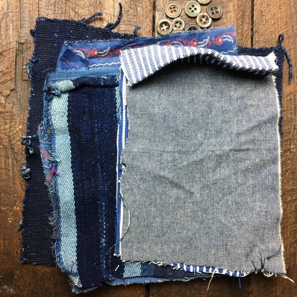 SOLD #2 MOSTLY 100 YEAR OLD WORKWEAR METAL BUTTONS AND INDIGO TEXTILE PATCHES