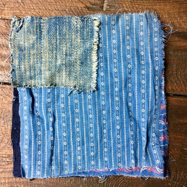 SOLD #4 MOSTLY 100 YEAR OLD WORKWEAR METAL BUTTONS AND INDIGO TEXTILE PATCHES