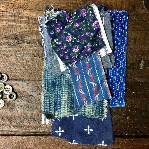 #14 MOSTLY 100 YEAR OLD WORKWEAR METAL BUTTONS AND INDIGO TEXTILE PATCHES