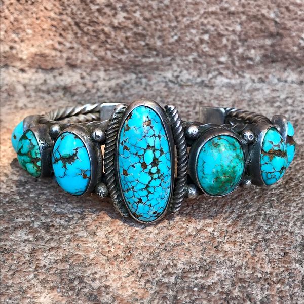 1910s GINORMOUS WRIST 7 PERSIAN TURQUOISE STONE HAND PULLED TWISTED INGOT SILVER WIRE CUFF BRACELET