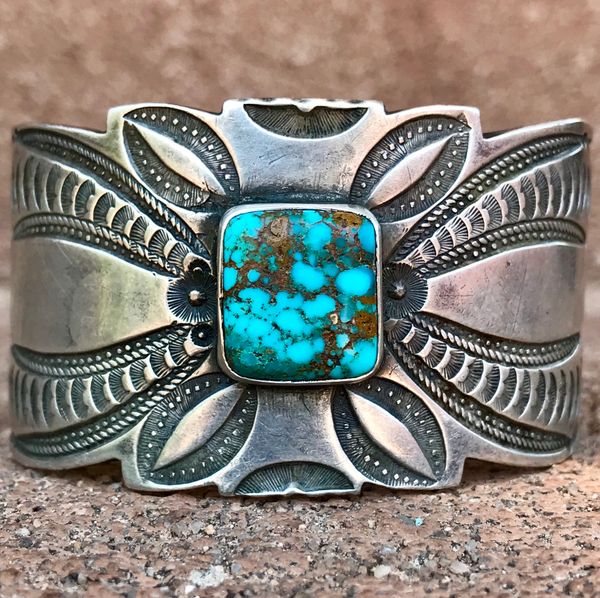SOLD 1930s EXTRA WIDE INGOT SILVER ELABORATELY STAMPED CUFF BRACELET WITH GEM QUALITY BISBEE BLUE SQUARE TURQUOISE STONE AND HEARTS