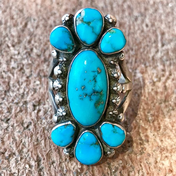 SOLD 1930s 7 LIGHT BRIGHT BLUE TURQUOISE STONES INGOT SILVER RING