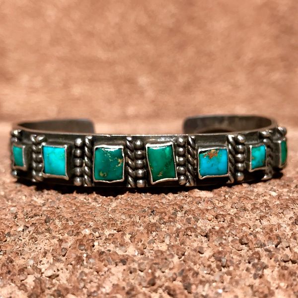 SOLD 1920s REPOUSSE’ INGOT SILVER AND 7 SQUARE BLUE GEM TURQUOISE STONES CUFF BRACELET