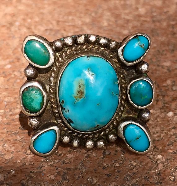 SOLD 1920s RESPLENDENT BLUE BUTTERFLY STYLE TURQUOISE AND INGOT SILVER RING