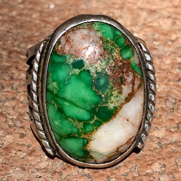 SOLD 1920s TRADING POST FRED HARVEY HALF QUARTZ HALF GREEN CERILLOS TURQUOISE RING