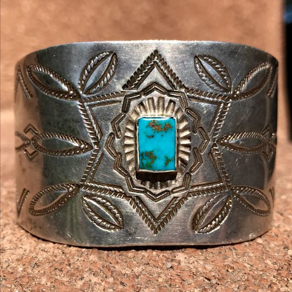 SOLD 1920s EXTRA WIDE STAMPED INGOT SILVER CUFF BRACELET WITH RECTANGULAR BLUE GEM TURQUOISE STONE