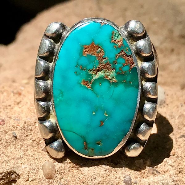 SOLD 1920s BLUE GEM OVAL TURQUOISE AND INGOT SILVER RING