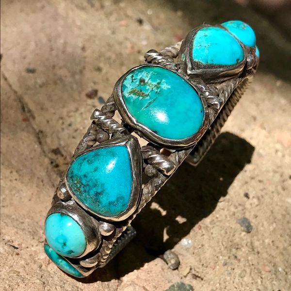 SOLD 1920s HAND PULLED WROUGHT TWISTED INGOT SILVER WIRE AND 7 MULTI COLORED BLUE TURQUOISE STONES CUFF BRACELET