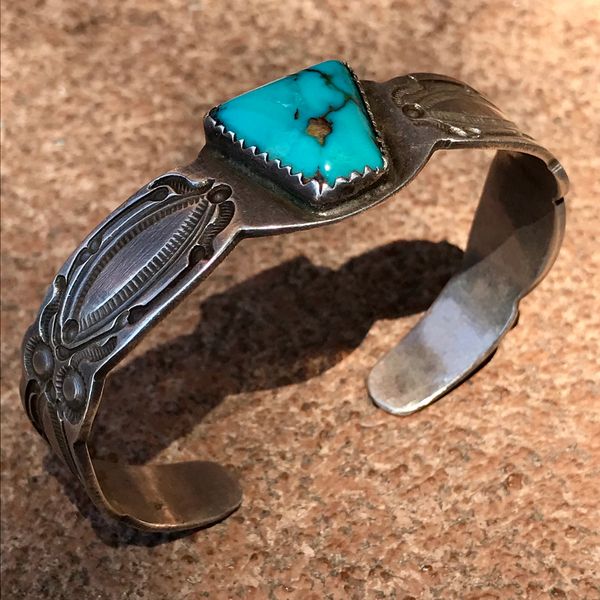 SOLD 1930s INGOT SILVER AND GEM QUALITY BLUE SHIELD SHAPED TURQUOISE STONE CUFF BRACELET