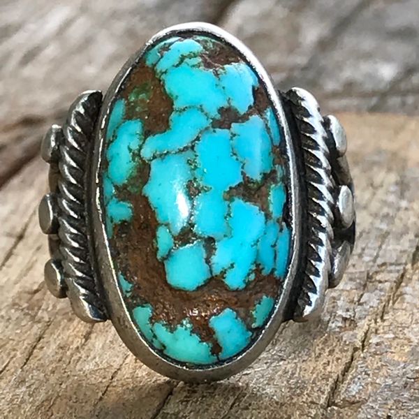 SOLD 1920s INGOT SILVER DOMED OVAL PERSIAN TURQUOISE PINKY RING