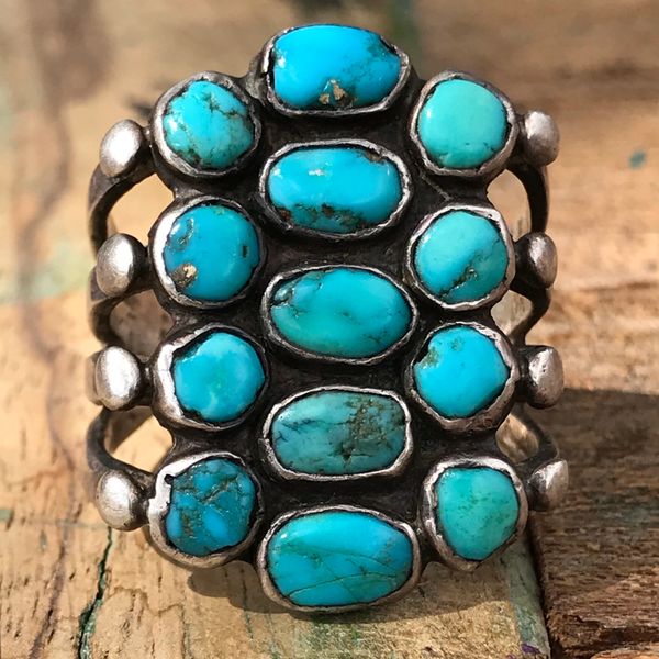 SOLD 1920s INGOT SILVER & 13 BLUE TURQUOISE ROUND STONES HUGE FINGER LONG RING