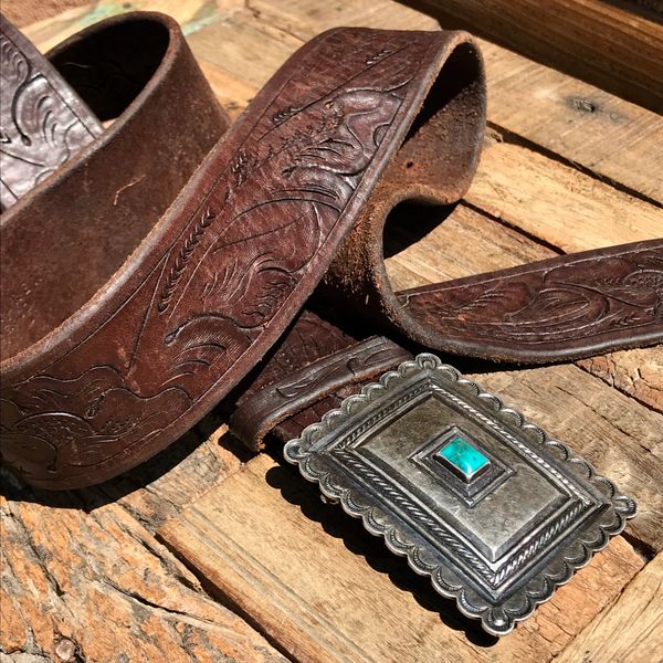 SOLD 1940s CHISELED INGOT SILVER & TURQUOISE STONE BELT BUCKLE ON TOOLED LEATHER RALPH LAUREN BELT