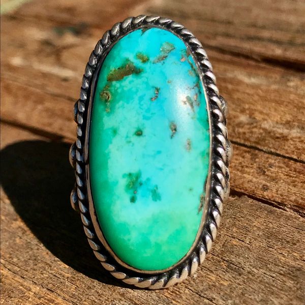 SOLD 1930s LIGHT BLUE & GREEN FINGER LONG OVAL TURQUOISE & INGOT SILVER RING