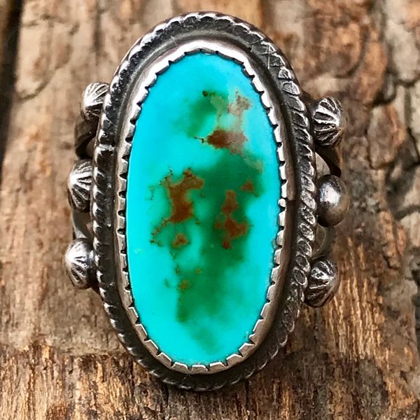 SOLD 1920s OWNED BY LYNN TRUSDELL OVAL GLUE GEM TURQUOISE PINKY INGOT SILVER RING WITH PEYOTE BUTTONS