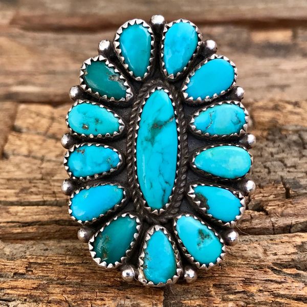 SOLD 1950s ZUNI TURQUOISE BLUE GREEN CLUSTER STERLING SILVER RING