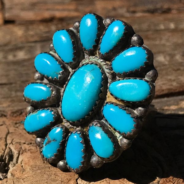 SOLD 1950s ZUNI BRIGHT BLUE TURQUOISE SILVER CLUSTER RING