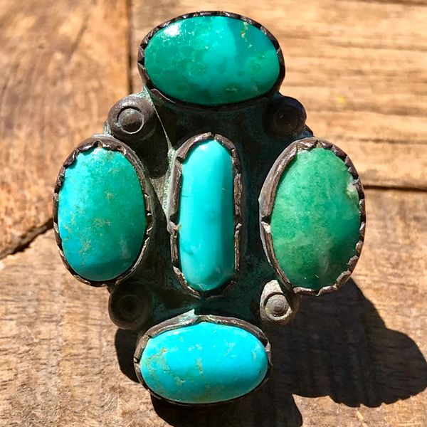 SOLD 1940s HUGE 4 BLUE & GREEN STONE TURQUOISE SILVER RING