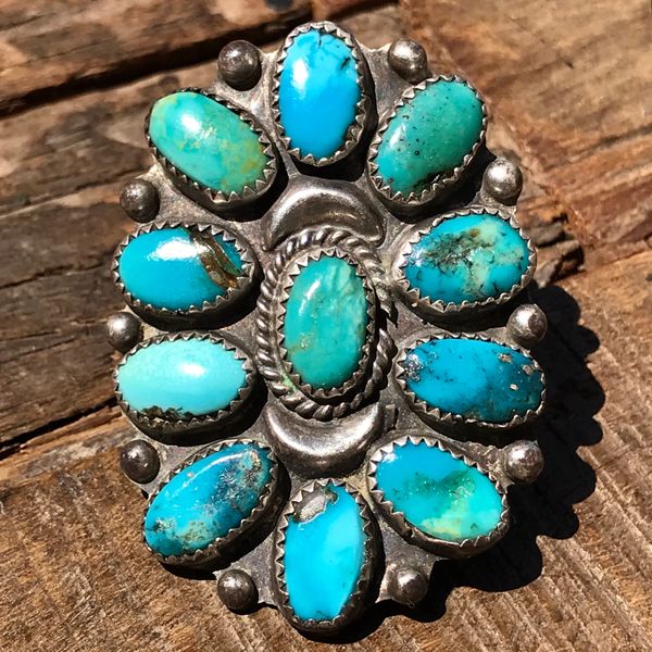 SOLD 1950S GINORMOUS BLUE & GREEN TURQUOISE SILVER CLUSTER RING